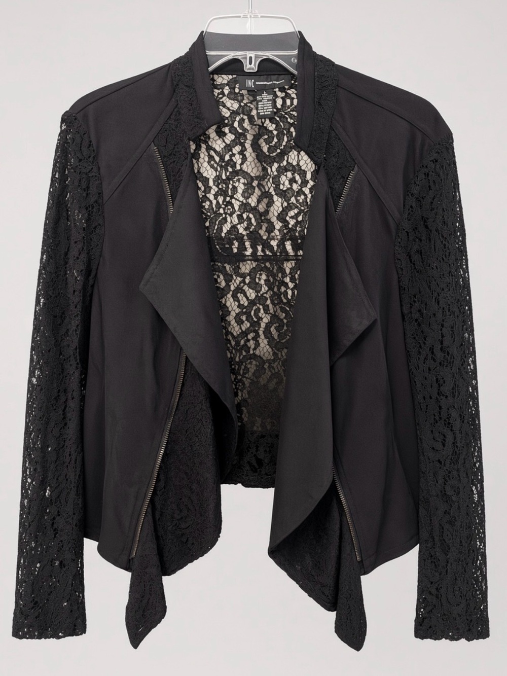 INC Black Lace Sleeve Open Front Jacket
Size L